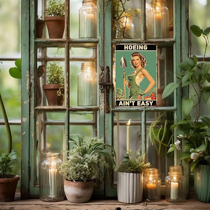 Garden Signs for Outside Hoeing Ain't Easy Tin Sign Funny Yard Decor Vintage Metal Garden Sign Gifts for Gardeners 8x12 Inch