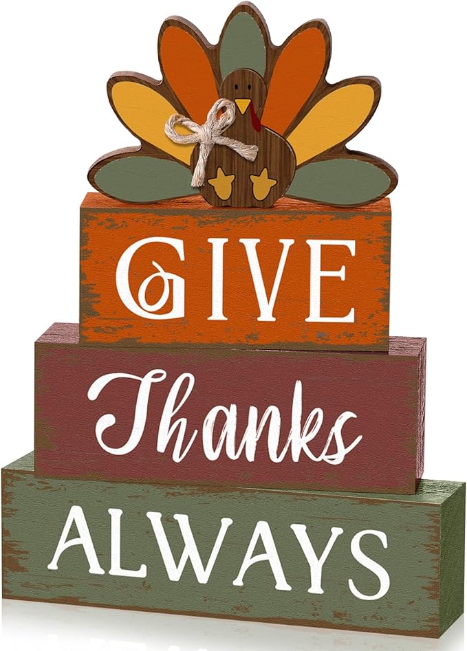 4 Pcs Thanksgiving Turkey Table Decor Wooden Turkey Sign Block Rustic Fall Tiered Tray Decor Farmhouse Autumn Centerpiece Thanksgiving Decorations for Home Office Desk Holiday Harvest Gifts