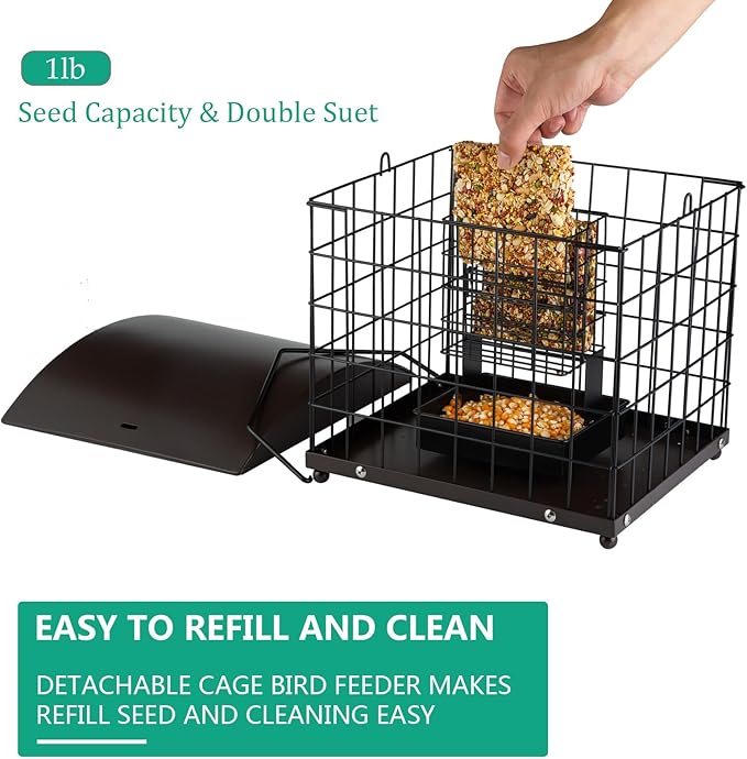 Caged Suet Feeders Squirrel-Proof, Dual-Purpose Suet &Seed Wild Bird Feeders with Tray, Huge Metal Caged Bird Feeders Outdoors Hanging, 2 Suet Cakes+1lb Seed Capacity, Copper