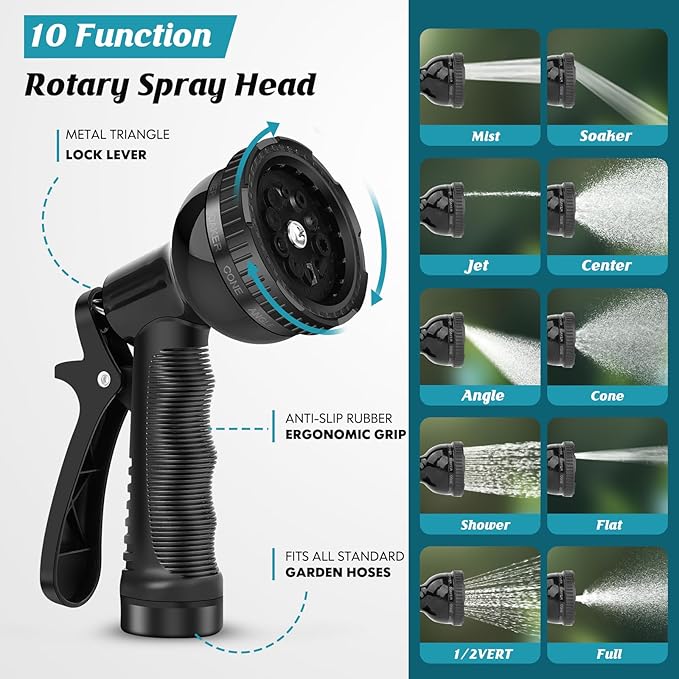 Garden Hose 100ft 3/4, Non-Expanding Water Hose Lightweight, Flexible Garden Hose with 10 Function Nozzle，Kink-Free, Sturdy, High-Pressure, Abrasion Resistant Hoses for Yard, Garden