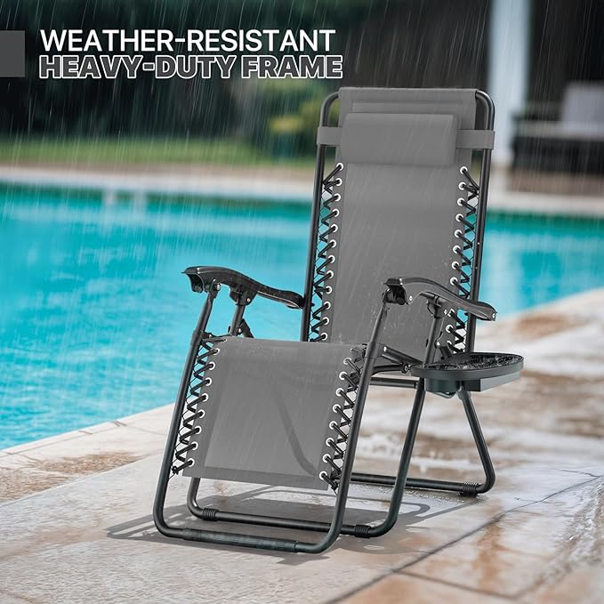 Magshion Zero Gravity Lounge Chair, Adjustable Folding Recliner with Cup Holder Side Tray & Removable Headrest Pillow, Portable Outdoor Patio Lounger for Camping, Beach, Lawn, Backyard, Grey