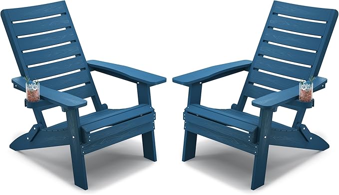 YEFU Adirondack Chair, Folding Adirondack Chairs Set of 2 with Arc Back & Cup Holder, Weather Resistant Plastic Oversized Chair for Outdoor Patio Lawn Garden Backyard Deck Fire Pit, Navy