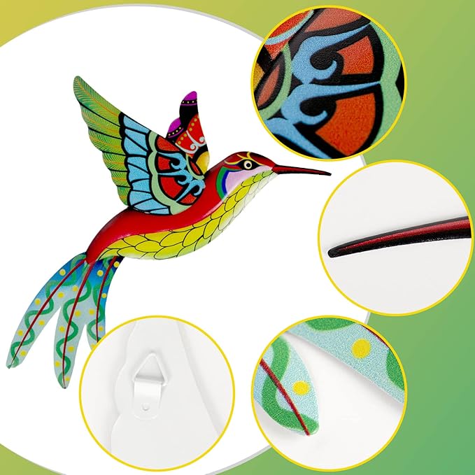 ZYP Metal Outdoor Wall Art Decor,3D Colorful Garden Birds Sculpture Outdoor Iron Hanging Decor Ornaments, Metal Hand-Made Bird Wall Art Decorations for Fence Patio Balcony Living Room,Hummingbird