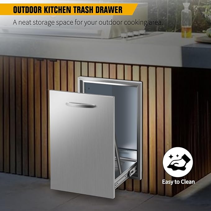 Built-in Single Trash Drawer 17" W x 23" H x 16" D Pull-Out Tray Outdoor Kitchen Stainless Steel Trash Drawer with Handle Storage Trash Bins or Propane Tank for BBQ Island Grill Station