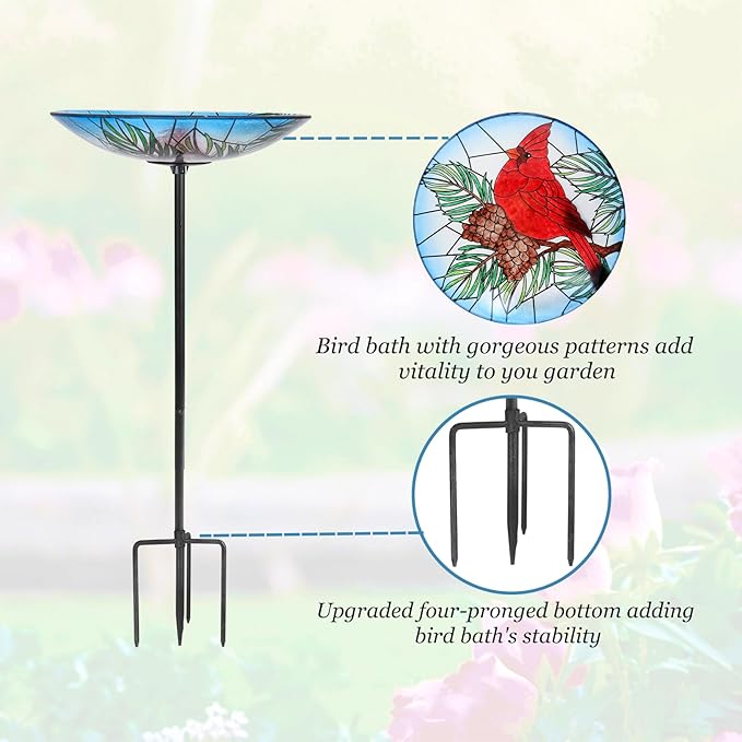 Bird Baths for Outdoors, Glass Birdbaths Outdoor Garden Birdfeeder with Metal Stake for Lawn Yard Decor, 24 Inch Height, Cardinal