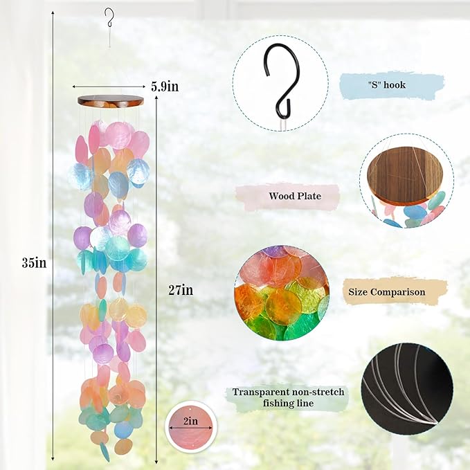 ASTARIN Capiz Shell Wind Chime for Outside 35” Seashell Wind Chimes, Handcrafted Rainbow Capiz Shells Windchime Coastal Style,Unique Outdoor Garden Decor Gift for Women Mother’s Day