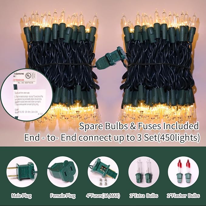 LAMPHOME Clear Christmas String Lights 300 Count 63.8ft(2pk of 150L) Incandescent Bulb Mini Lights for Valentines Day Indoor Xmas Tree Garland Birthday Wedding Party Festival Decoration, Green Wire