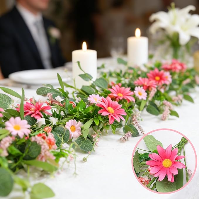 6 Ft Pink Flower Garland Silk Artificial Wildflower Daisy Flowers Faux Floral Garland Spring Flower Hanging Vines with Green Leaves for Fireplace Wedding Arch Wall Home Indoor Outdoor Party Decor