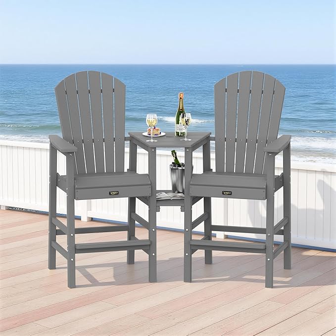 VINGLI Tall Adirondack Chairs Set of 2 with Dual Trays, All-Weather HDPE Outdoor BarStools Poly Deck Chairs for Patio, Poolside and Balcony (Grey)