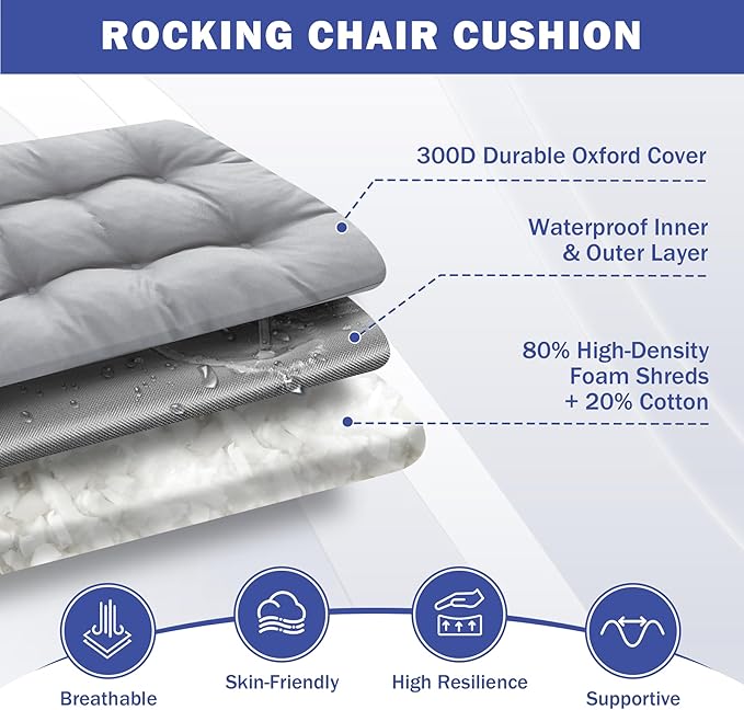 Rocking Chair Cushion, Waterproof and Fade-Resistant Patio Chair Cushions, Tufted Chair Pads for Rocker Furniture, 18x18 Inch, Indoor/Outdoor Seat Cushions with Ties, Light Grey