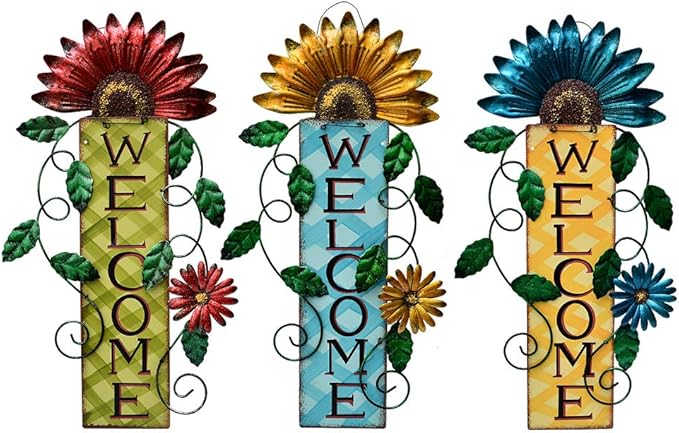 Metal Welcome Sign Front Door Decor Decorative Hanging Wall Sign Indoor Outdoor Hanging Sign for Garden Porch 15.25x8.5 (3 colors)