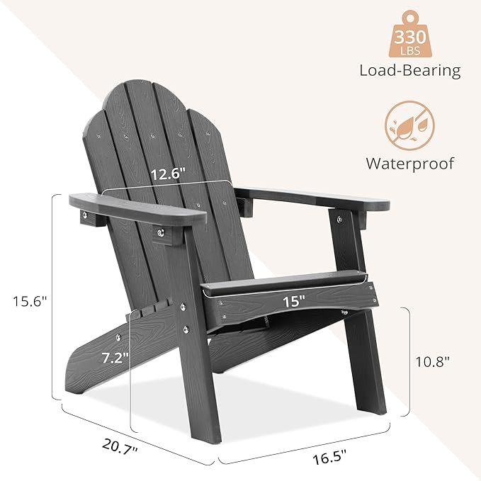 LUE BONA Kids Adirondack Chair Set of 4, Gray Poly Lumber Plastic Weather Resistant Kids Outdoor Patio Lounge Chair for Balcony, Backyard