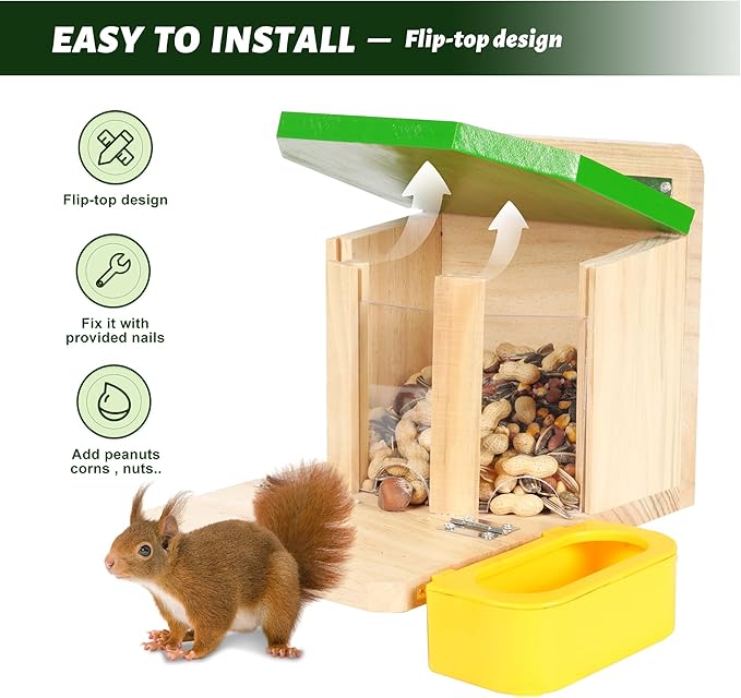 MIXXIDEA Wooden Squirrel Feeders for Outside with Water Bowl, Large Capacity, Sturdy Squirrel Feeder House with Thick Wood, No Assembly Required, for Backyard Outside Garden (Green)