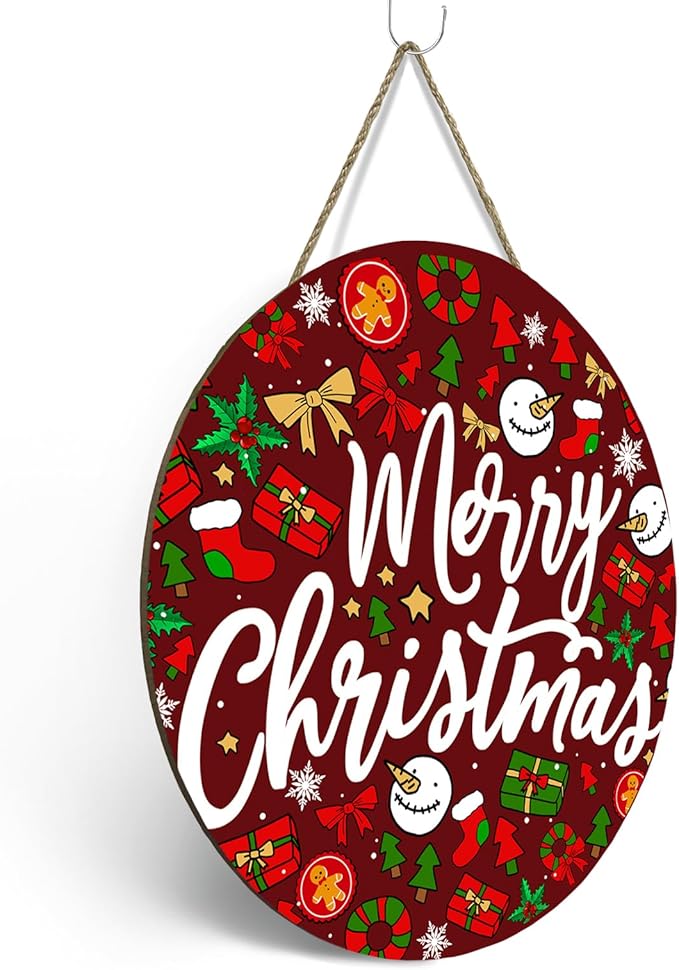 Merry Christmas Welcome Wooden Door Sign for Front Door Winter Christmas Door Hanger Xmas Holiday Hanging Wall Sign for Farmhouse Home Porch Outdoor Decorations