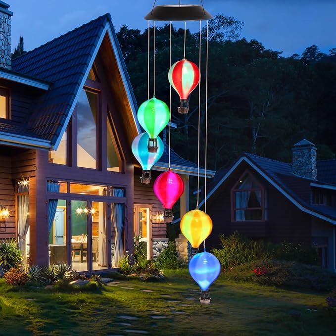 Solar Wind Chimes for Outside, Color Changing Hot Air Balloon Wind Chimes Solar Lights for Outside Garden Outdoor Patio Décor, Gifts for Mom Birthday Gifts for Women Grandma Wife Friend