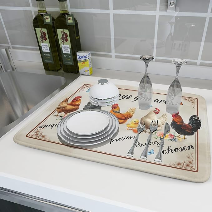 Farmhouse Rooster Dish Drying Mat - Vintage Chicken Absorbent Microfiber Dish Drying Pad for Kitchen Coffee Bar