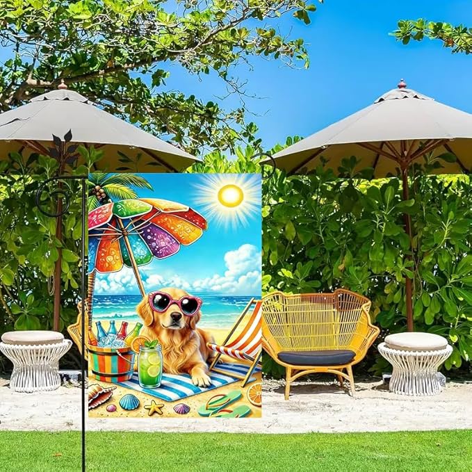 Summer Garden Flag 12x18 Double Sided, Burlap Seasonal Beach Golden Retrieve Dog Garden Flags Summer Decorations Outdoor, Small Decorative Yard Lawn Porch Flags for Outside Decor