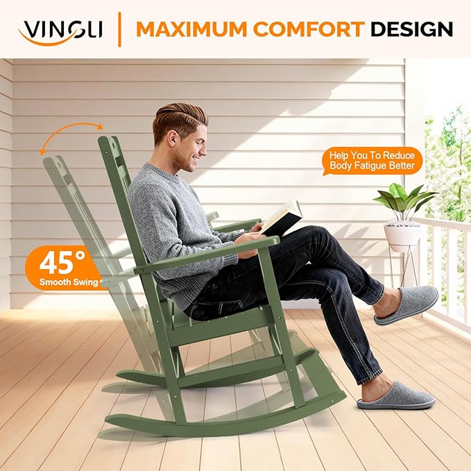 VINGLI Outdoor Rocking Chair with Footrest, Wooden Rocking Chair with 450 LBS Weight Capacity, Patio Rocker with Comfortable Backrest for Garden, Yard (Dark Green, 2PCS)