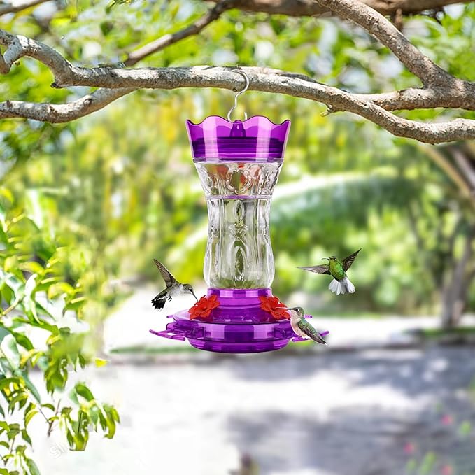 2 Pack Hummingbird Feeders for Outdoors, Built-in Ant Moat & Leakproof, XAROO Glass Hummingbird Feeder with 4 Bee Guard Feeding Ports, Outdoor Garden Décor, 15OZ, Purple