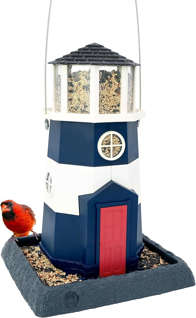 North States Village Collection - Large Nautical Navy Lighthouse Bird Feeder: Hanging Bird Feeder for Outdoors, Holds 8 Pounds of Seed
