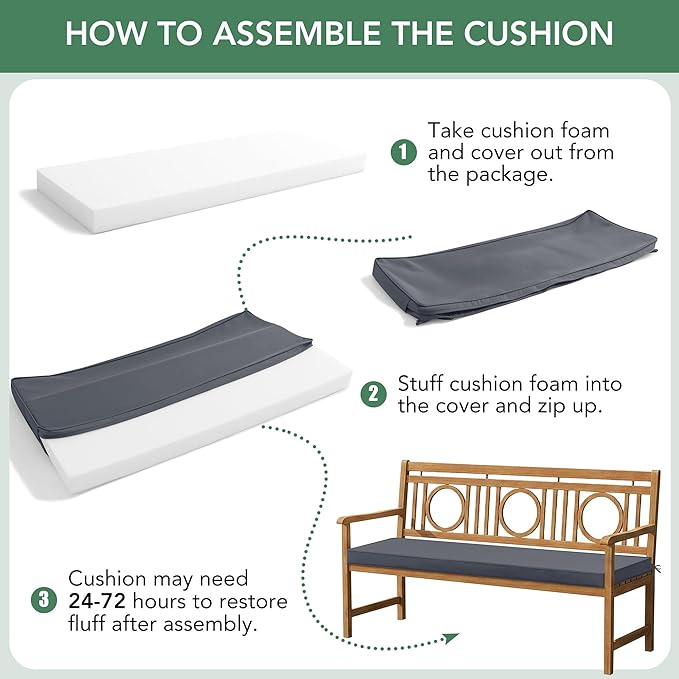 Outdoor Bench Cushion: Waterproof and Fade Resistant Patio Furniture Cushions - Non-Slip Bench Pad Cushion with Removable Cover for Garden Swing Porch Sofa Settee, 48 x 18 x 3 Inch, Dark Grey