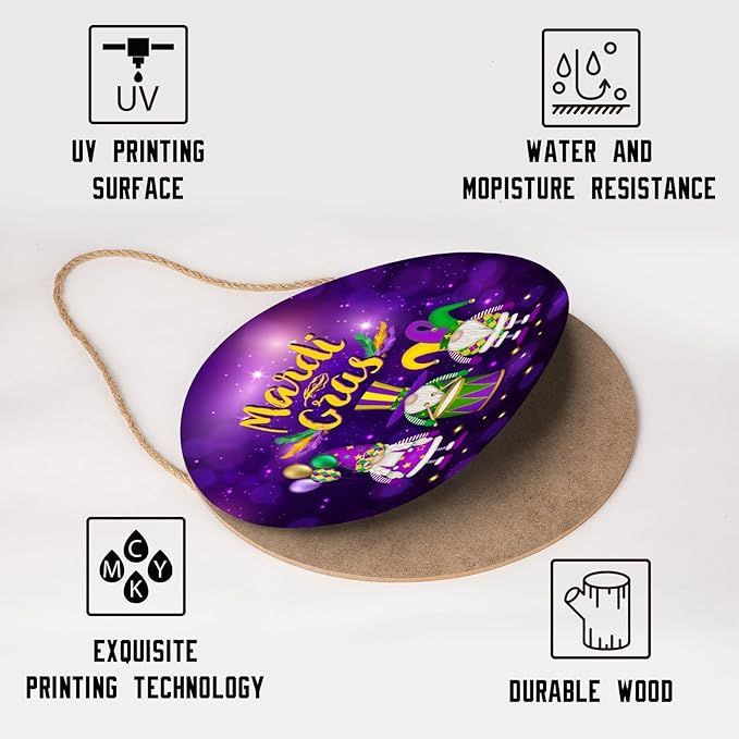 Happy Mardi Gras Door Sign For Front Door Decor,Purple Masquerade Gnomes Wooden Sign 12"x 12" Round Wood Hanging Door Sign Carnival Party Decoration for Wall Rustic Farmhouse Decor