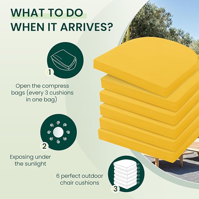 HARBOREST Outdoor Chair Cushions Set of 6, Water Resistant Patio Chair Cushions with Ties, Outdoor Seat Cushions for Patio Furniture, 17"x16"x2", Yellow