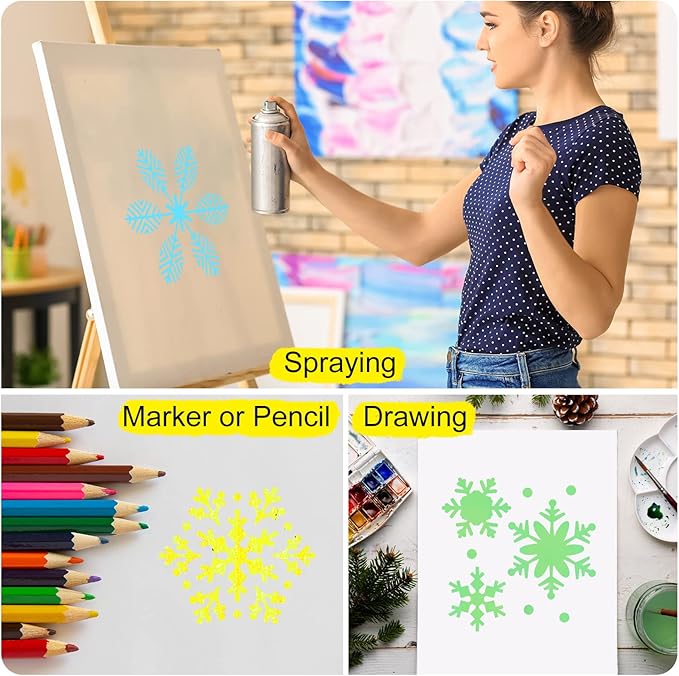 Marspark 66 Pcs Spring Easter Small Stencils for Crafts Reusable 3 Inch Stencils for Painting on Wood DIY Craft Paint Template for Wall Home Decor Card Rock Canvas Drawing Holiday (Snowflake)