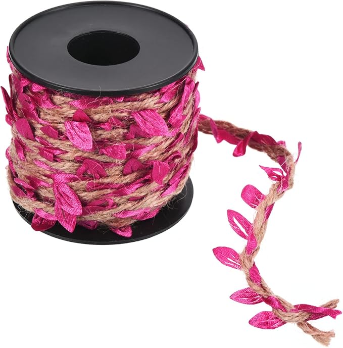 PATIKIL 33ft 5mm Burlap Leaf Ribbon, Braided Decoration Vine Natural Jute Rope Twine with Artificial Leaves for Jungle Wedding Party Home Garden Decor, Fuchsia