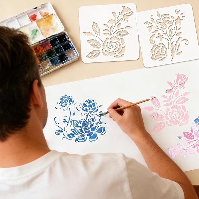 12 Pcs Large Flower Stencils for Painting, 5.12 X 5.12 Inch Flower Stencils for Crafts Reusable, Wood and Wall Stencils for Painting Large Pattern, DIY Templates Holiday Wall Paper (H)