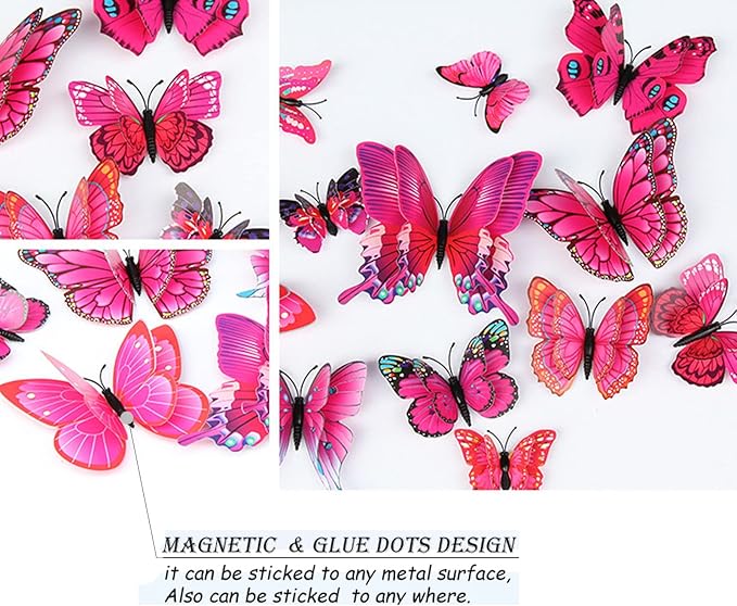 Butterfly Wall Decor 72 PCS, 3D Butterflies Stickers for Party Decorations with Magnets (Purple&red, 72)