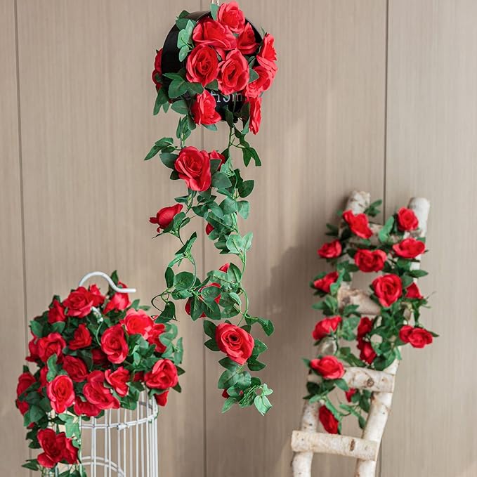 4 Pack (32FT) Artificial Rose Vine Fake Flowers Garland Hanging Silk Rose Ivy Plants Vine for Mother's Day Wedding Arch Party Wall Indoor and Outdoor Aesthetic Art Décor (Red)