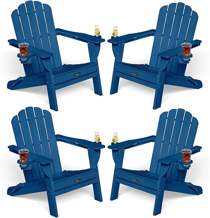 Adirondack Chairs Set of 4, HDPE Material Fire Pit Chairs, Plastic Adirondack Chairs with 2 Cup Holder, Outdoor Lawn Chair for Patio Garden, Navy Blue