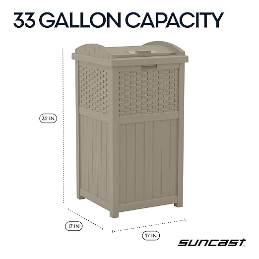 Suncast Hideaway Outdoor Trash Can with Lid - 30 Gallon Trash Can, Dark Taupe, Decorative Wicker-Style Garbage Bin, Weather-Resistant Resin, Fits 30-33 Gallon Bags, Ideal for Patio & Yard, Made in USA