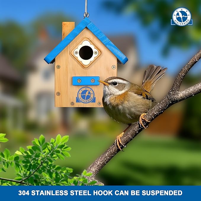 Wren Bird House for Outside, Premium Wooden Wren Bird Houses, Hanging Chickadee Bird House, Weatherproof Garden Decor Birdhouses for Outdoors, Blue Color Roof Bird Nesting Titmouse