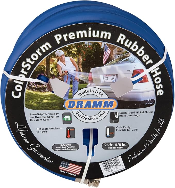 Dramm ColorStorm Premium Rubber Garden Hose, No Kink, Leak Proof Water Hose, Male Female Fittings, Made in USA, Hot & Cold Resistant, 518 Burst PSI, Blue, 5/8"x50'