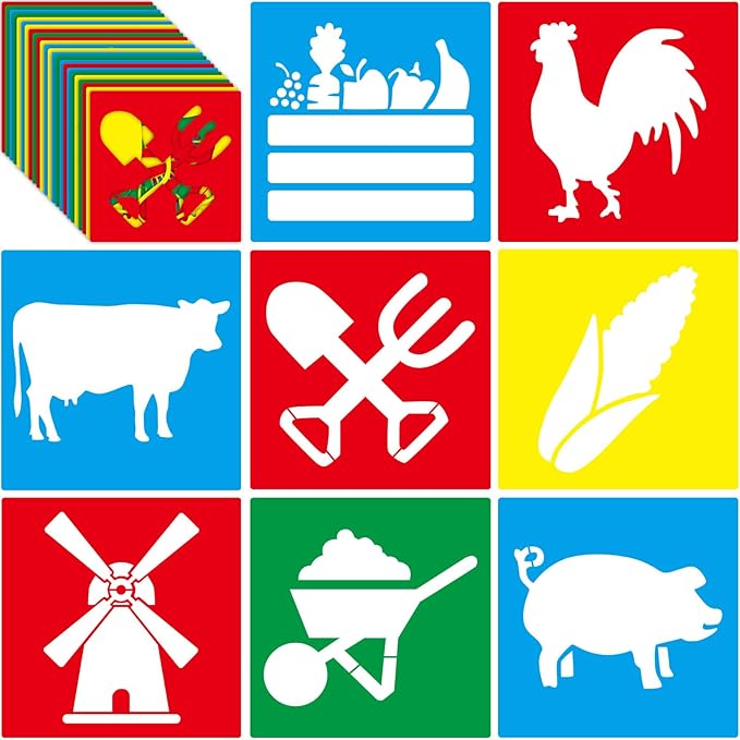 24 Pcs Farm Theme Stencil Set 8 x 8 Inch Plastic Drawing Painting Stencil Templates Animals Farmer House Stencils Reusable for Kids Painting on Wood Paper Scrapbook Wedding DIY Art Crafts