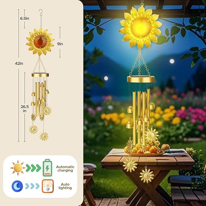 JYPS Solar Wind Chimes with Sunflower LED Lights, 42-Inch Large Waterproof Outdoor Garden Decor for Patio Yard, Unique Gifts for Women Mom Grandma, Mother's Day Christmas Birthday Easy-Install Design