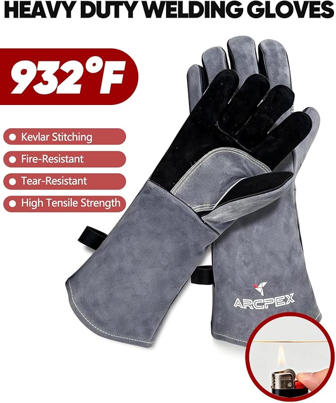 Welding Gloves, 16IN 932℉ Fire Heat Resistant Leather Heavy Duty Work Gloves for Stick Mig Tig Forge BBQ Grill Fireplace Wood Stove Grill Oven XL for Men