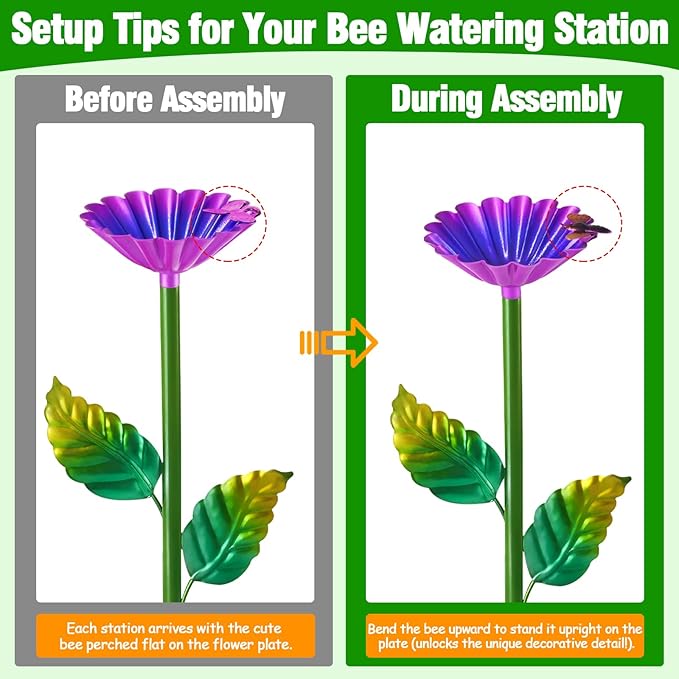 4 Pack Bee Watering Station, Metal Bee Water Station with Flower Design Colorful Butterfly Bath Bowl Drinking Feeder Cups for Outdoor Garden Yard Decor (Purple,Green,Blue,Yellow)