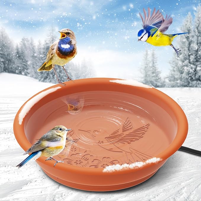 Heated Bird Bath Bowl for Outside,100W Thermostatically Controlled Heated Birdbath Single Bowl Water Heated Bird Bath for Outdoor Winter Garden Patio Yard Lawn Deck(Brown)