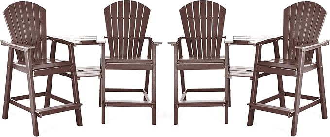 Tall Adirondack Chairs Set of 4, HDPE Balcony Chair with Double Connecting Tray, Weather Resistant Outdoor Adirondack Bar Stools for Patio, Deck, Patio, Backyard, Balcony. (Brown)