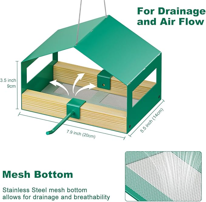 FANHAO Metal Bird Feeder for Outdoor Hanging, Wild Bird Feeder House with Rust-Resistant Mesh, Hanging Platform Bird House Feeder for Attracting Birds, Weatherproof, Easy to Clean & Refill