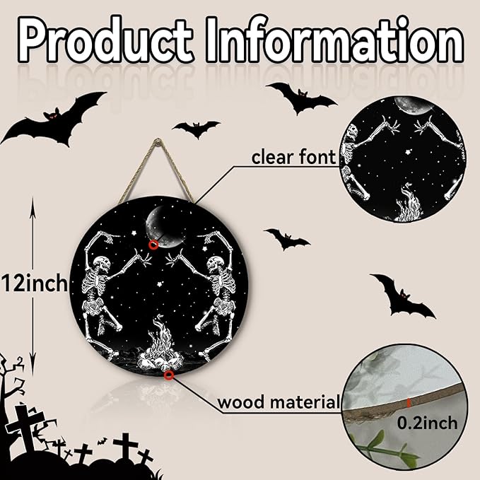 Skull Halloween Front Door Sign Dancing Skeleton Door Hanger Sacry Moon Night Holiday Decor for Porch Halloween Home Party Accessories