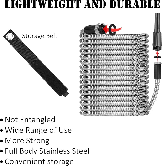 75ft Garden Hose Made by Metal with Super Tough and Soft Water Hose, Household Stainless Steel Hose, Mighty Garden Hose with Adjustable Nozzle, No Kinks and Tangles, Easy to Store with Storage Strap
