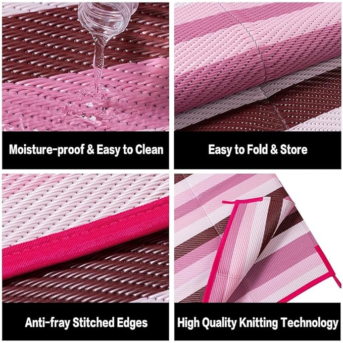 HUGEAR Outdoor Waterproof Rug 5'x8' Plastic Straw Rugs Washable Reversible Floor Mat Pink Stripe Carpet for Camping RV Deck Entryance Porch Picnic Balcony Beach Backyard
