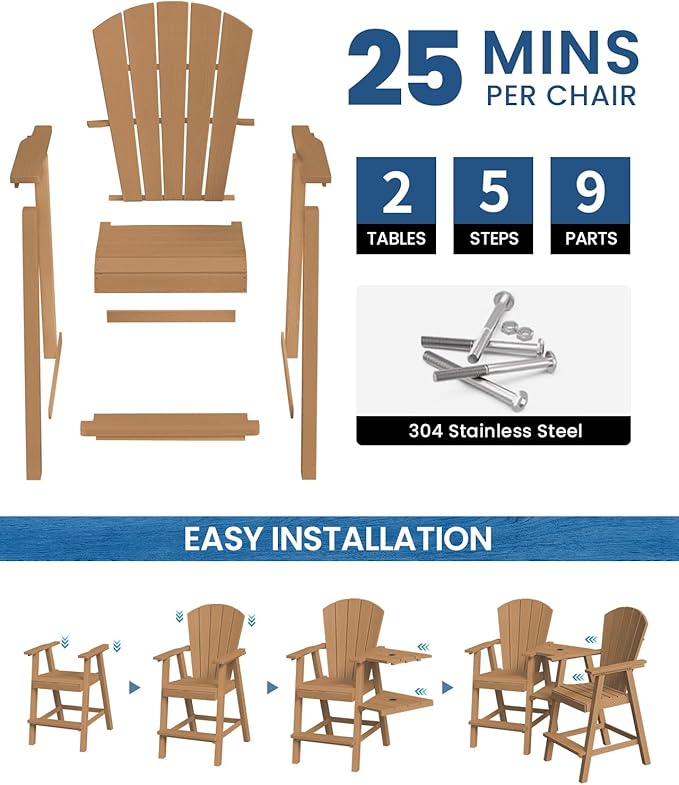 Ciokea Tall Adirondack Chairs Set of 4, HDPE Outdoor Adirondack Bar Stools with Double Connecting Tray, Weather Resistant High Back Adirondack Balcony Chairs for Deck, Lawn, Pool, Backyard, Teak