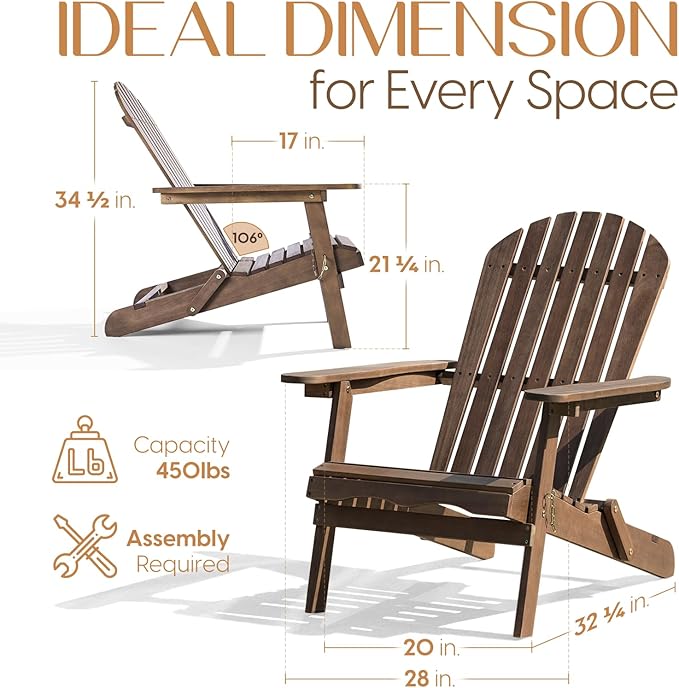 Idzo Outdoor Wooden Folding Adirondack Chair Set of 2 with Pre-Assembled BackRest, Wood Patio Chair for Garden Backyard Porch Pool Deck Firepit