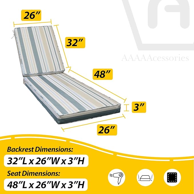AAAAAcessories Outdoor Chaise Lounge Cushions, Fade-Resistant, Waterproof Patio Furniture Replacement Cushions, 80" x 26" x 3", Set of 2, Slate Gray Blue Coastal Stripe