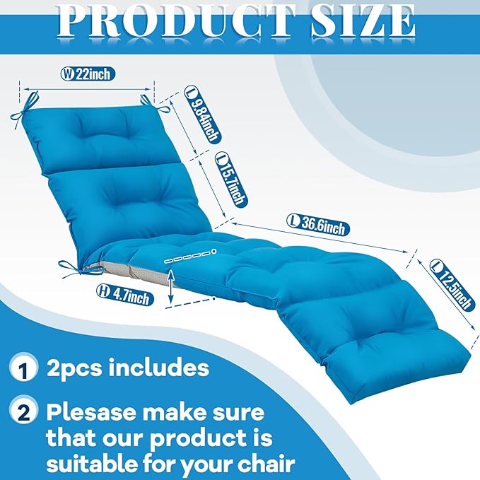 Kigley 2 Pcs Chaise Lounge Cushions 75 x 22 x 5 Inches Soft Lounge Chair Cushion Spring/Summer Seasonal Replacement for Outdoor Indoor Home Office (Light Blue)